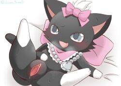 2021 accessory anthro bed black_body black_fur blue_eyes blush bodily_fluids clovergame0 diana_(jewelpet) domestic_cat felid feline felis female fur furniture genitals gloves_(marking) hair_accessory hair_ribbon hairbow jewelpet jewelry leg_markings legs_up lying mammal markings necklace on_back on_bed open_mouth pussy ribbons sanrio signature socks_(marking) solo spread_legs spread_pussy spreading sweat young