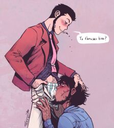 2boys arsene_lupin_iii beard blowjob blush censor_bar censored censored_penis cigarette dark_hair formal_clothes formal_wear french_text fully_clothed gay hand_on_head hands_on_legs holding_head jigen_daisuke lupin_iii male male_only manga_action on_knees source_request suit_and_tie thegreatestmass tms_entertainment unbuttoned_pants underwear worship worshiping yaoi year_request