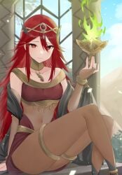 1girls alternate_costume arabian_clothes bangs belly_button blue_sky bodystocking bridal_gauntlets closed_mouth cloud collarbone commentary_request cordelia_(fire_emblem) cosplay day female female_only fire fire_emblem fire_emblem_awakening fire_emblem_heroes fit_female floating floating_object green_fire hair_between_eyes hair_ornament happy happy_female harem_outfit haru_(nakajou-28) highres long_hair looking_at_viewer middle_eastern_clothing navel nintendo persian_clothing plegian red_eyes red_hair sitting skin_tight sky slight_smile smiling_at_viewer solo swana_clothing tharja_(fire_emblem) tharja_(fire_emblem)_(cosplay) thighs thin_female thin_waist tiara turkish_clothing very_long_hair