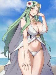 1girls alternate_costume bare_legs beach bikini breasts cleavage covered_nipples female female_only fire_emblem fire_emblem:_three_houses fire_emblem_heroes flower large_breasts legs long_hair looking_at_viewer nintendo ocean official_alternate_costume outdoors oyasu_(kinakoyamamori) rhea_(fire_emblem) rhea_(summer)_(fire_emblem) smile solo swimsuit very_long_hair white_bikini white_flower white_swimsuit