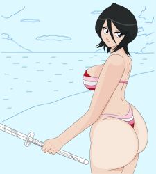 1girls ass bare_arms bare_legs bare_shoulders bare_thighs beach big_ass big_breasts bikini black_hair bleach bottom_heavy breasts dat_ass fat_ass female female_only from_behind hair_between_eyes highleg highleg_bikini holding_object holding_weapon huge_ass katana kuchiki_rukia light-skinned_female light_skin long_hair lrslink outdoors petite petite_body purple_eyes seaside shore shoulder_length_hair solo solo_female solo_focus strapless strapless_bikini strapless_swimsuit striped_bikini stripes swimsuit sword thong_bikini weapon