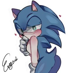 anthro bending_over blue_fur blush exegard green_eyes heart heart-shaped_pupils male male_only sonic_(series) sonic_the_hedgehog white_background