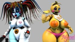 2girls 3d baby_(fnafsl) big_ass big_breasts blue_eyes chicken circus_baby circus_baby_(fnaf) clown_girl five_nights_at_freddy's five_nights_at_freddy's_2 fnaf freddy_fazbear's_pizzeria_simulator green_eyes nycosi rckke red_hair robot_girl runaboo_chica scrap_baby scrap_baby_(fnaf) scrap_baby_(rckke) sfm toy_chica_(fnaf) yellow_body