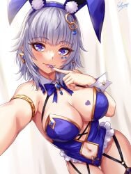 +_+ 1girls 2022 animal_ears armlet bangs blue_eyes blue_nails bow bowtie breasts cleavage clothing_cutout collar earrings female female_focus female_only finger_to_mouth garter_straps highres jewelry large_breasts leotard lips looking_at_viewer mole mole_under_mouth nail_polish navel navel_cutout original outstretched_arm playboy_bunny rabbit_ears sakiyamama selfie sleeve_cuffs solo solo_female tattoo thigh_gap thighs white_hair