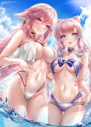 2022 2girls beach bikini breast_size_difference breasts female female_only fox_ears fox_girl genshin_impact hips huge_breasts kitsune long_hair medium_breasts multi-strapped_bikini outdoors pink_hair purple_bikini purple_eyes rei_kun sangonomiya_kokomi slim_waist swimsuit thick_thighs thighs water wet wet_body white_bikini wide_hips yae_miko