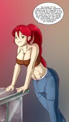 abdl abs biting_lip breast_band diaper diaper_under_clothing female flirting green_eyes high_ponytail long_hair muscle_tone ponytail pyrrha_nikos red_hair rwby sidelocks sketchmandl tight_clothing tight_pants vibrator_under_clothes wet_diaper