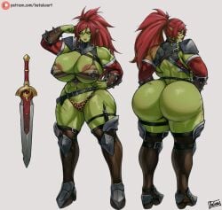 1girls 2022 absurd_res alternate_version_available areola_slip areolae armor artist_signature ass batako bikini_armor breasts bubble_butt commission female female_only hips huge_ass huge_breasts large_areolae long_hair muscular muscular_female nipples orc orc_female original original_character patreon_username pointy_ears ponytail red_hair ris'taak_(raiosmanis) simple_background slim_waist thick_thighs thighs white_background wide_hips