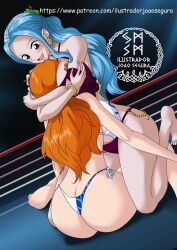 2girls big_ass big_breasts bikini blue_hair breast_smother catfight female female_only joao_segura long_hair multiple_girls nami nefertari_vivi one_piece orange_hair post-timeskip restrained smothering thick_thighs wrestling wrestling_ring yuri