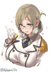 :d bangs breasts breath buttons collared_shirt cum cum_on_clothes double-breasted ebifurya epaulettes facial female folded_ponytail glasses gloves green_eyes heart heavy_breathing highres jacket kantai_collection katori_(kantai_collection) large_breasts light_brown_hair lips looking_at_viewer military military_uniform money_gesture necktie parted_bangs rimless_eyewear shirt smile suggestive_fluid twitter_username uniform upper_body white_background white_gloves