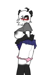 :c animal_ears anthro artist_request breasts_out embarrassed_nude_exposure fenixxoki furrowed_eyebrows heterochromia pandy_(piggy) piggy:_book_2 piggy_(game) pink_panties roblox roblox_game shoulder_length_hair skirt source_request tagme