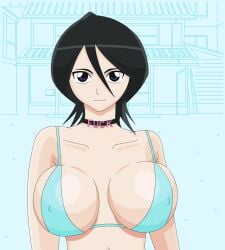 1girls alternate_breast_size bare_arms bare_chest bare_shoulders big_breasts bikini bikini_top black_hair bleach breasts breasts_apart choker collarbone fake_breasts female female_only hair_between_eyes kuchiki_rukia light-skinned_female light_skin long_hair looking_at_viewer lrslink neckwear outdoors petite_body purple_eyes shoulder_length_hair skinny slut_collar smile solo solo_female solo_focus upper_body