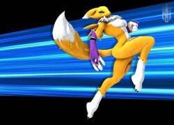 3d_(artwork) action_pose anthro bandai_namco blue_background breasts claws clothing digimon digimon_(species) digital_media_(artwork) extended_leg female fighting_pose fur gloves handwear looking_at_viewer mcfizzyd_(nuthead101) nipples nude pose raised_leg raised_tail renamon simple_background solo source_filmmaker tail_motion toe_claws yellow_body yellow_fur ying_yang