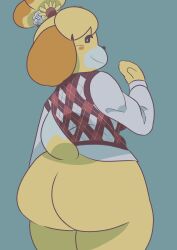 2022 animal_crossing anthro ass big_ass bottomless bubble_butt butt_crack canid canine canis clothed female fur furry furry_only huge_ass isabelle_(animal_crossing) looking_at_viewer looking_back nintendo solo tagme tail thick_thighs toonarscontent