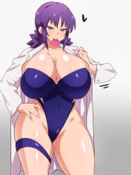 1girls 2022 breasts cleavage condom condom_in_mouth dd_(artist) female female_only hand_on_hip highleg_swimsuit hips huge_breasts labcoat naughty_face necklace one-piece_swimsuit philena_ivy pokemon pokemon_(anime) pokemon_professor purple_eyes purple_hair purple_swimsuit ring_necklace short_hair simple_background slim_waist suggestive_look swimsuit thick_thighs thighs wide_hips