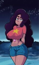 1girls big_breasts black_hair breasts flbl gem gem_(species) gem_fusion long_hair looking_at_viewer pants shorts steven_universe stevonnie t-shirt