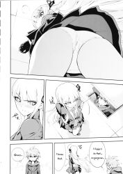 1boy 1girls accidental_exposure danganronpa danganronpa:_trigger_happy_havoc danganronpa_1 english_text female kirigiri_kyouko male monochrome naegi_makoto okazaki_takeshi panties smooth_skin text upskirt