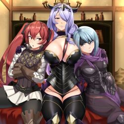 2022 3girls absurdres arm_around_shoulders armor arms_around_neck beruka_(fire_emblem) black_headband blue_hair blush breast_envy breast_size_difference breastplate breasts brown_eyes brown_gloves camilla_(fire_emblem) capelet castell cleavage clothed clothed_female commission embarrassed female female_only fire_emblem fire_emblem_fates gambeson gloves hair_between_eyes hair_ornament hair_over_one_eye hazel_eyes headband hi_res highres hips huge_breasts large_breasts long_hair looking_at_viewer medium_breasts multiple_girls naughty_face nintendo parted_lips purple_eyes purple_hair red_eyes red_hair severa_(fire_emblem) short_hair sitting slim_waist small_breasts smile suggestive_look thick_thighs thighs twintails underwear very_long_hair wide_hips