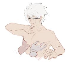 2boys blush collarbone colored_skin cropped_torso grabbing grey_hair groping hatake_kakashi mole mole_under_mouth multicolored_skin multiple_boys naruto naruto_(series) naruto_shippuden nipples nude open_mouth pectoral_grab pectorals scar scar_across_eye short_hair two-tone_skin uchiha_obito uw_bucciarati yaoi