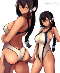 1girls 2021 alternate_costume artist_name ass ass_grab azur_lane backless_swimsuit bare_shoulders black_hair braid breasts competition_swimsuit covered_navel dark-skinned_female dark-skinned_male dark_skin female female_focus hair_between_eyes hair_ornament highres impossible_clothes impossible_swimsuit katsuragi_nantoka large_breasts long_hair native_american one-piece_swimsuit simple_background solo south_dakota_(azur_lane) swimsuit white_background white_swimsuit yellow_eyes