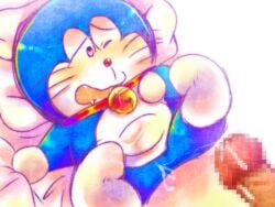 .'s_(artist) adorable anthro bag blue_body blue_skin blush censored cum cum_on_body cumshot cute cute_face dakimakura doraemon doraemon_(character) feet feline heart jingle_bell love open_legs open_mouth penis red_collar red_nose robot robot_cat saliva whiskers white_feet white_hands