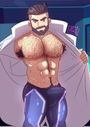 1boy abs bulge erection_under_clothes hairy looking_at_viewer male male_only muscles muscular muscular_male open_coat pecs pokemon pokemon_sv professor_turo solo usagi_(artist)