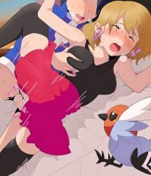 1boy 1girls 2d balls_deep bar_censor bed bed_sheet bedroom bedroom_sex big_balls big_breasts black_hair blonde_hair blue_jacket blush bottomless breast_grab breasts calem_(pokemon) censored closed_eyes clothed clothed_sex color feathers female fletchling from_behind generation_6_pokemon human_penetrated human_penetrating jacket looking_pleasured lying male/female medium_breasts moan moaning motion_lines nintendo on_bed on_model open_mouth penis pleated_skirt pocha pokemon pokemon_xy red_skirt serena_(pokemon) serena_(pokemon_games) sex sex_from_behind shirt short_hair skirt sleeveless_shirt straight sunrise sweat teenager testicles thighhighs trembling vaginal_penetration wings