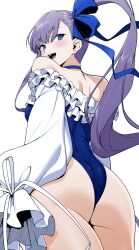 1girls ao_banana ass back blue_eyes blush colorized exposed_shoulders fate/extra fate/extra_ccc fate/grand_order fate_(series) female looking_back meltryllis meltryllis_(fate) meltryllis_(swimsuit_lancer)_(fate) open_mouth ponytail purple_hair swimsuit thighs third-party_edit