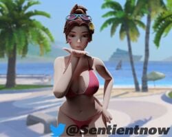 1girls 3d beach bikini d.va kissing overwatch sand swimsuit waveracer_d.va