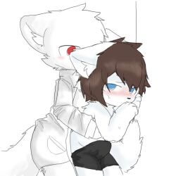 anthro blue_eyes blush bottomwear brown_hair canid canine changed_(video_game) chano clothed clothing colin_(changed) dr.k_(changed) duo erection fur hair male male/male mammal red_eyes shaded shorts simple_background simple_shading white_body white_fur