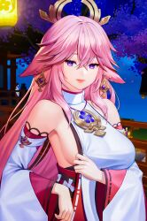 artist_request dress female female_only genshin_impact long_hair pink_hair purple_eyes smile yae_miko