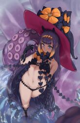 1girls abigail_williams_(fate/grand_order) artist_request belly_button blue_eyes cosplay diadem fate_(series) female female_focus female_only hololive hololive_english hololive_myth light-skinned_female light_skin long_gloves long_hair looking_at_viewer multicolored_hair ninomae_ina'nis orange_hair pale-skinned_female pale_skin pointy_ears purple_hair reilong tentacle tiara underwear underwear_only very_long_hair virtual_youtuber