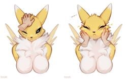 black_sclera blue_eyes breasts caress caressing_cheek caressing_head closed_eyes digimon digimon_(species) disembodied_hands fur furry head_pat hi_res looking_at_viewer one_eye_closed renamon spuydjeks white_background