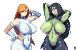 2020s 2022 2d 2d_(artwork) 2girls alternate_breast_size armpits arms_behind_head big_breasts black_hair blue_eyes bodysuit boobs breasts clothed_female covered_erect_nipples covered_navel disney disney_channel female female_only green_eyes green_lips green_lipstick hair_flip hand_on_hip heterochromia hi_res highres huge_breasts kim_possible kimberly_ann_possible lipstick long_hair looking_at_viewer looking_back multiple_girls nachtness orange_hair pale_skin posing shego skin_tight smile taimanin_(series) taimanin_suit teeth teeth_showing tight white_background