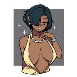 1girls akairiot big_breasts breasts clothing dark-skinned_female dark_skin female looking_at_viewer original paz_ruiz_(akairiot) seductive seductive_smile smile solo solo_female sparkles tagme