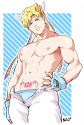 1boy battle_tendency blonde blonde_hair blonde_hair_male blonde_male blue_eyes blue_eyes_male caesar_zeppeli jojo's_bizarre_adventure male_focus male_only muscular muscular_male noah_barnett shirtless solo solo_male topless_male unbuttoned_pants