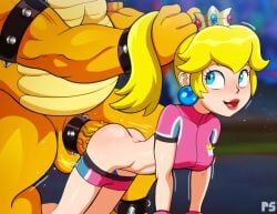 1boy 1girls all_fours blonde_hair blue_eyes bowser bulldog_position cock_ring crown doggy_style female female_focus football football_player football_uniform hair_grab huge_cock large_ass large_penis long_hair looking_back male mario_(series) mario_strikers nintendo penis pink_shorts ponytail princess_peach pumpkinsinclair red_lipstick sex sports_bra sportswear