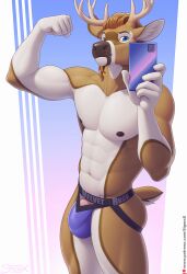 1boy abs anthro antlers barely_visible_genitalia barely_visible_penis batch_(righthandtoaster) cervid clothed clothing flexing genitals hair horn jockstrap long_hair male male_only mammal mostly_nude muscular muscular_male nipples pecs penis penis_base phone selfie sigma_x smile solo underwear underwear_only