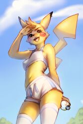 1girls absurd_res anthro anthrofied bandage_on_cheek bandage_on_face breasts clothed clothing female female_only fur furry furry_only hi_res legwear looking_at_viewer low-angle_view nintendo pikachu pokémon_(species) pokemon pokemorph smiling_at_viewer solo solo_female sportswear spuydjeks tail yellow_fur