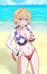 1girls american_flag_bikini aqua_eyes beach big_breasts bikini blonde_hair blush breasts busty cleavage female female_only flag_print highres jacket kanojo_okarishimasu large_breasts legs looking_at_viewer nanami_mami ocean open_clothes open_jacket open_mouth short_hair smile solo swimsuit thighs water