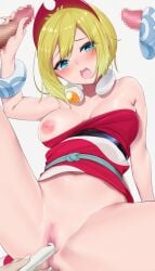 bare_shoulders blonde_hair bracelet breasts collarbone eyes_visible_through_hair female grey_background handjob highres irida_(pokemon) jewelry large_breasts multiple_penises navel nipples object_insertion one_breast_out open_mouth penis pokemon pokemon_(game) pokemon_legends:_arceus pussy ratsuku_kinoko short_hair simple_background sitting solo_focus vaginal_object_insertion vaginal_penetration