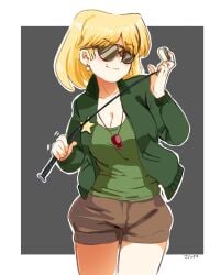 1girls 2016 blonde_female blush bomber_jacket breasts cleavage earrings female female_only fully_clothed hips jcm2 lori_loud nickelodeon pinup pinup_pose short_hair shorts signature smiling smiling_at_viewer solo solo_female solo_focus standing straight_hair sunglasses tank_top the_loud_house thighs tinted_eyewear whip whistle