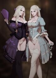 2girls black_legwear black_stockings blonde_female blonde_hair bottomless bottomless_skirt choker cleavage corset dress female_only folding_fan full_cleavage functionally_nude garter_belt garter_straps large_breasts lingerie long_hair looking_at_viewer mistveil multiple_girls no_panties purple_eyes pussy revealing_clothes sisters stockings tarakanovich uncensored white_legwear white_stockings wip