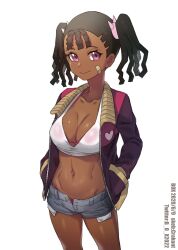 1girls artist_name ayukawa_miyuki bandaid basquash! big_breasts bikini black_hair breasts busty cleavage dark-skinned_female denim denim_shorts female female_only highres jacket large_breasts legs looking_at_viewer midriff navel open_clothes open_jacket pink_bikini purple_eyes see-through shorts smile solo swimsuit tank_top thighs toned twintails