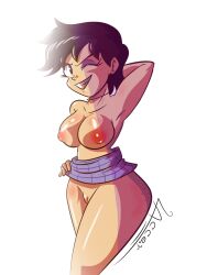 artlaccer_(artist) big_ass big_butt breasts curvy eye_mask fangs freckles freckles_on_ass hand_on_hip hips hourglass_figure inverted_nipples luna_loud nickelodeon nipples no_bra no_panties one_arm_behind_head one_eye_closed puffy_areola short_hair skirt skirt_around_belly skirt_up smile teenage_girl teenager the_loud_house white_background