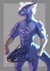 2022 abs anthro balls big_balls big_penis biped blue_body digital_media_(artwork) dragon erection genitals grin hair hi_res horn huge_balls huge_cock humanoid_genitalia humanoid_penis hyper hyper_genitalia hyper_penis idrysse3 male male_focus male_only male_solo muscular muscular_anthro muscular_male orange_eyes pecs penis reptile scalie smile solo solo_male white_hair