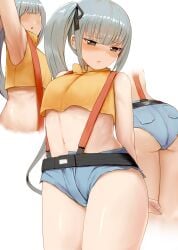 1girls absurdres alternate_costume ass black_ribbon blue_shorts blush brown_eyes closed_mouth eyebrows_visible_through_hair female female_only grey_hair hair_ribbon highres honmakaina_kudou kantai_collection kasumi_(kantai_collection) kasumi_(pokemon)_(cosplay) long_hair multiple_views namesake navel pokemon pokemon_(anime) pokemon_(classic_anime) ribbon short_shorts shorts side_ponytail simple_background solo white_background