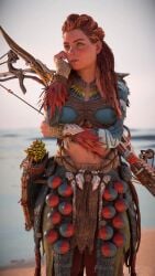 1girls 3d accurate_art_style aloy alternate_costume areola areolae bodypaint braid breasts canon dreadlocks female female_only glitch horizon_forbidden_west horizon_zero_dawn medium_breasts midriff navel nipples official_art painted_breasts playstation red_hair solo teenager topless topless_female tribal