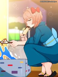 1girls ankles banana bow doki_doki_literature_club feet festival fully_clothed just_sayori kimono pink_hair sayori_(doki_doki_literature_club) scocks4you short_hair solo squatting sucking