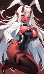 1female 1girl 1girls akumi bunnysuit cropped_jacket demon demon_girl earrings elf_ears heels horns pretty_mundane red_body red_skin scar scar_on_face scars scars_all_over scars_on_chest scars_on_hand solo solo_female tagme thighhighs thin_waist virtual_youtuber vyugen year_of_the_rabbit