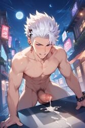 abs ai_generated ai_kira1_1 arena_of_valor cum cum_drip cum_splatter erect_nipples erect_penis erection gay han_xin_(honor_of_kings) honor_of_kings male male_focus male_only naked naked_male nakroth_(arena_of_valor) nipples penis public public_nudity purple_eyes tagme white_hair yaoi